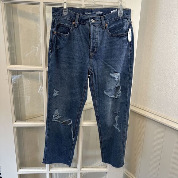 Old Navy Jeans High-Waisted Slouchy Straight Cropped Ripped Women's 8  NWT - Picture 1 of 10